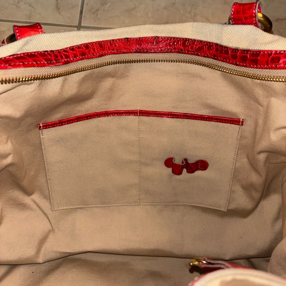 BRAHMIN MEGATOTE WINDJAMMER HANDBAG CREAM CANVAS & RED - Picture 9 of 9